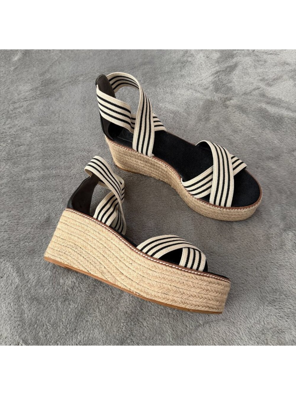 Tory Burch Frieda Navy Cream Elastic Strap Espadrille Wedge Sandals Womens 11